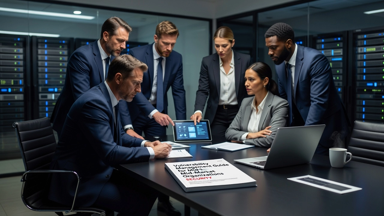 Professional header image for educational tutorial: Vulnerability Management Guide for Mid-Market Organizations