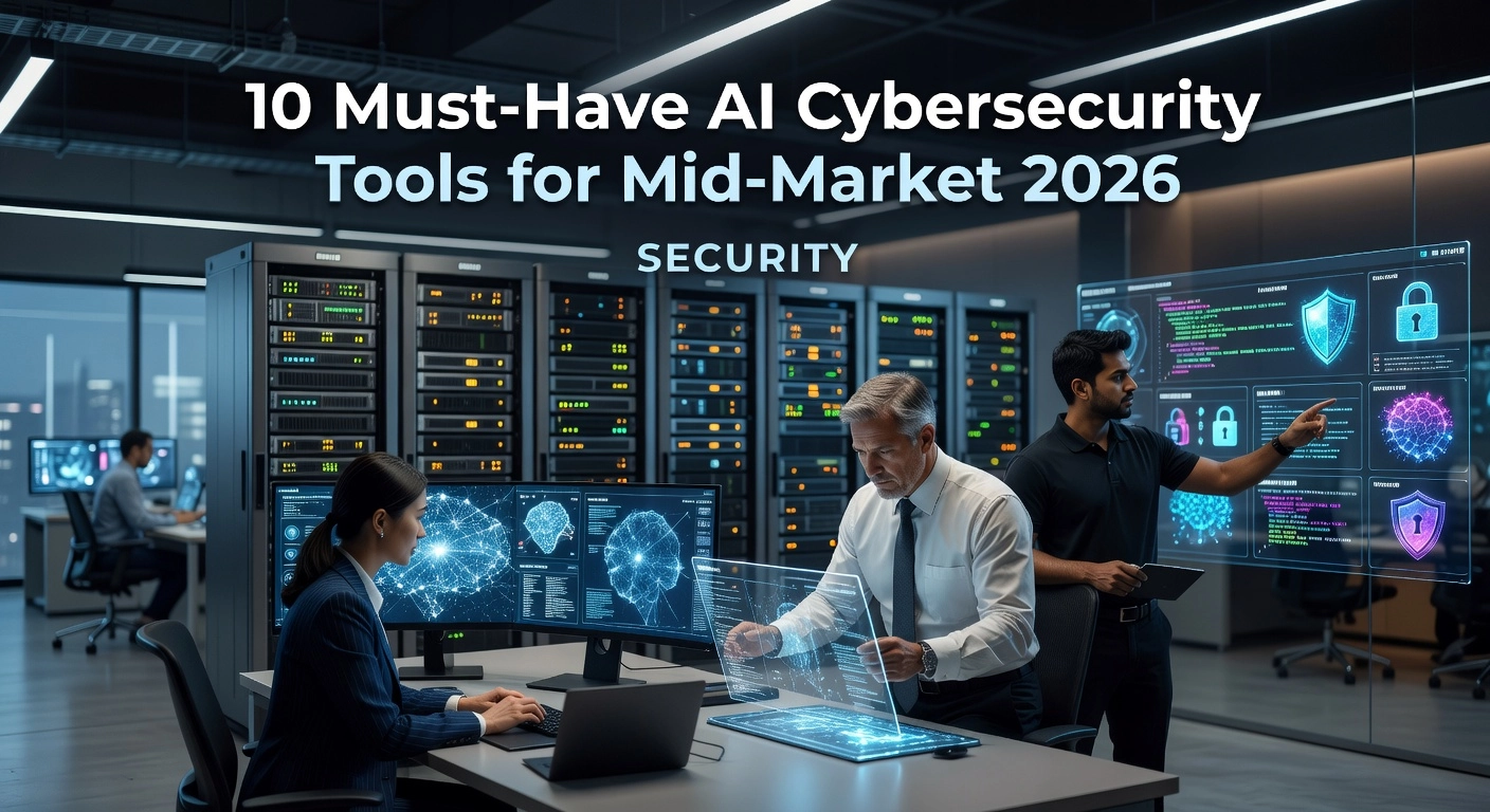 Professional header image for list-based article: 10 Must-Have AI Cybersecurity Tools for Mid-Market 2026