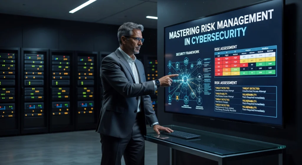 Professional header image for industry analysis: Mastering Risk Management in Cybersecurity