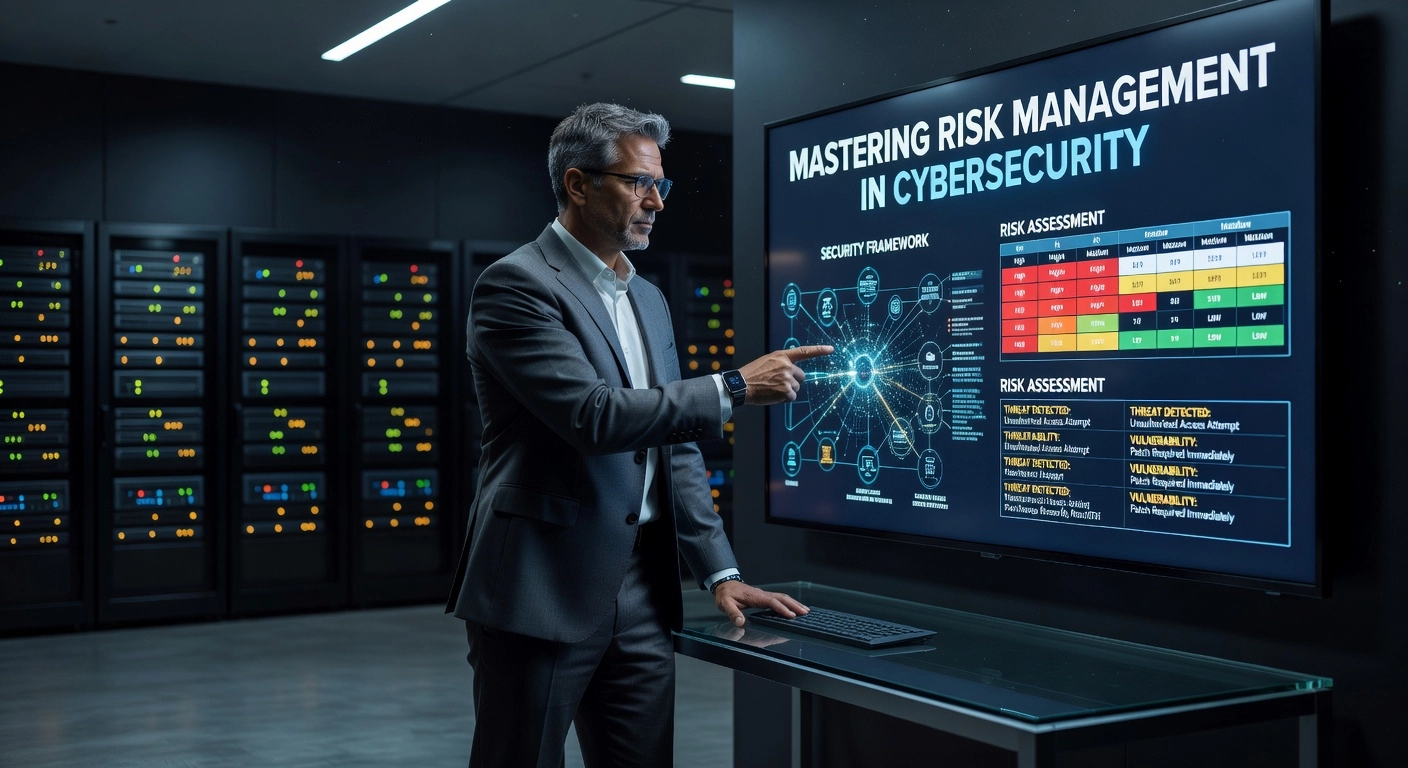 Professional header image for industry analysis: Mastering Risk Management in Cybersecurity
