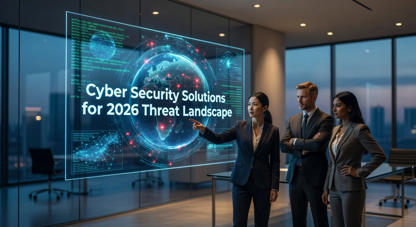 Professional header image for industry analysis: Cyber Security Solutions for 2026 Threat Landscape