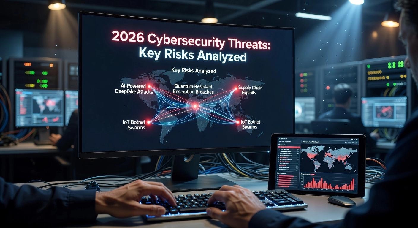 Professional header image for industry analysis: 2026 Cybersecurity Threats: Key Risks Analyzed