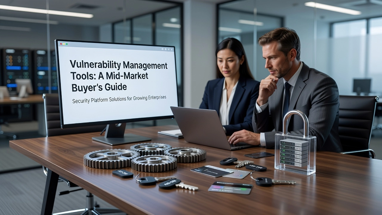 Professional header image for list-based article: Vulnerability Management Tools: A Mid-Market Buyer's Guide