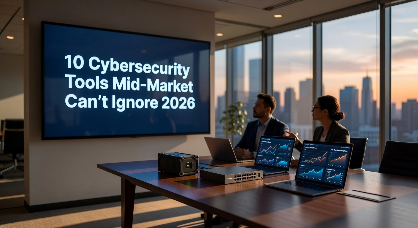 Professional header image for list-based article: 10 Cybersecurity Tools Mid-Market Can't Ignore 2026