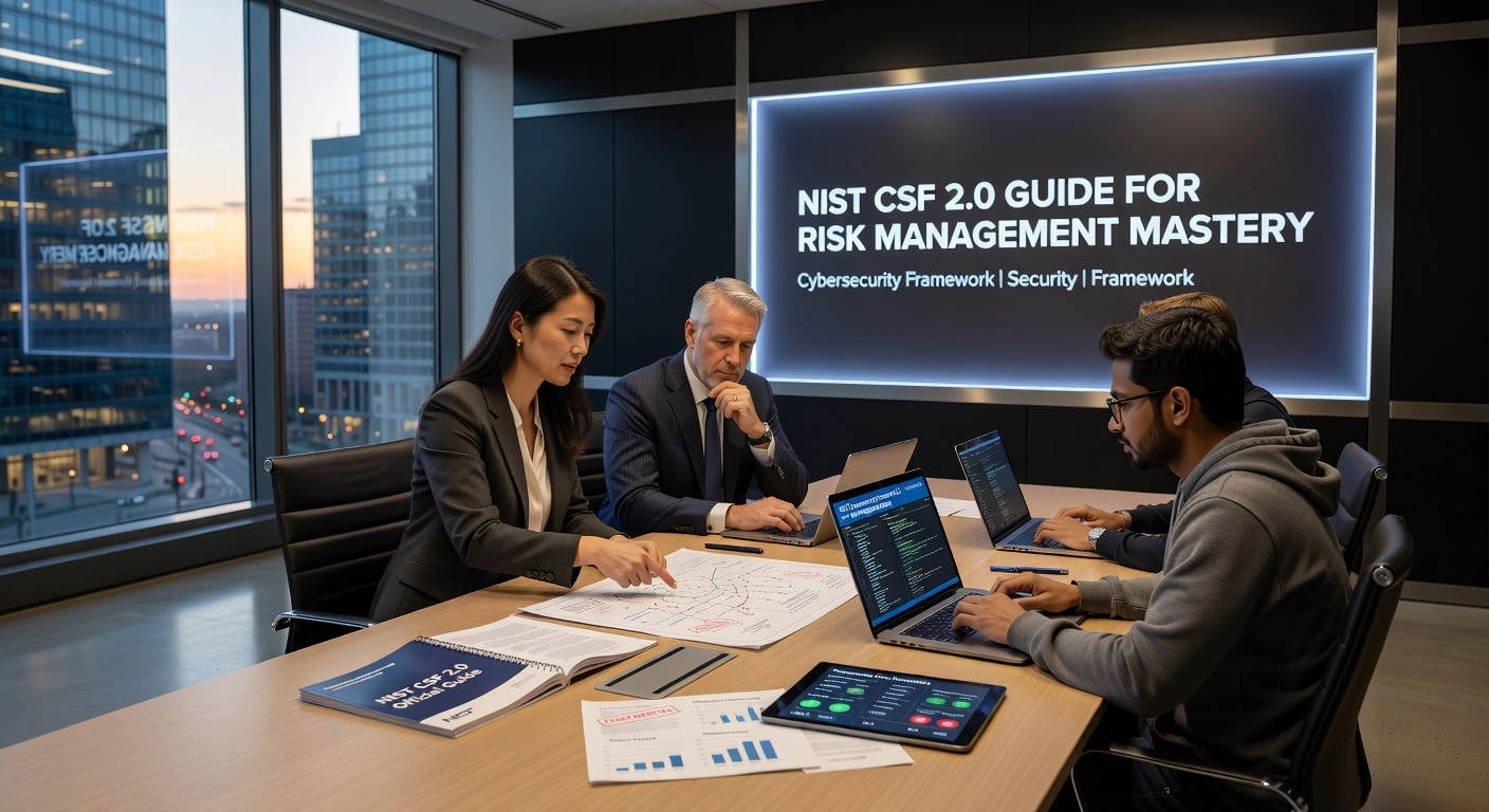 Professional header image for educational tutorial: NIST CSF 2.0 Guide for Risk Management Mastery