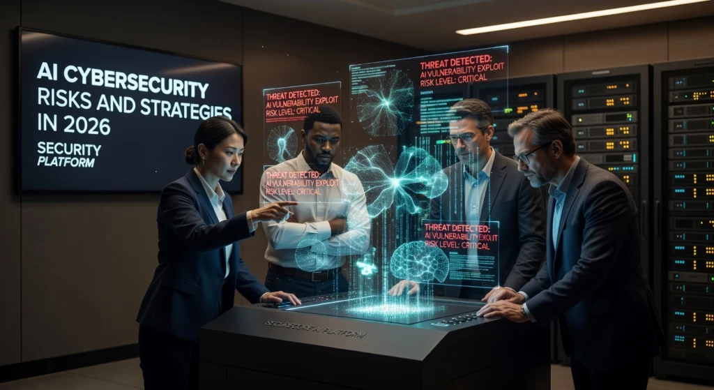 Professional header image for industry analysis: AI Cybersecurity Risks and Strategies in 2026