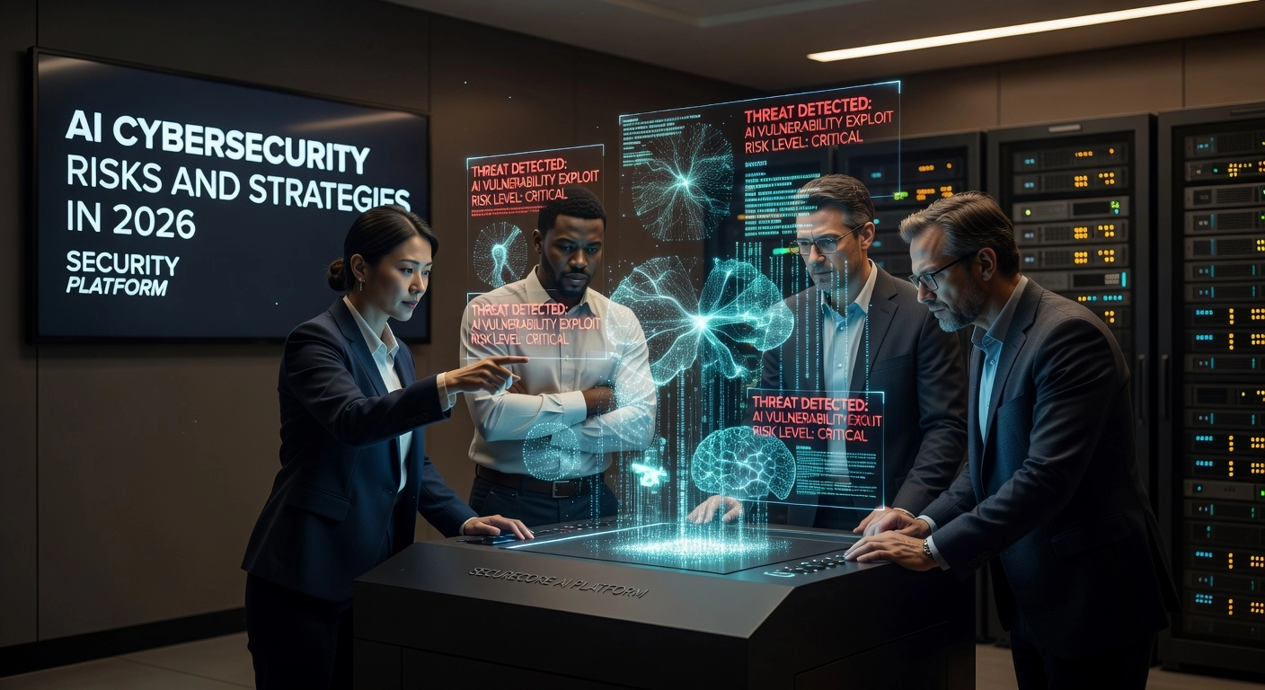 Professional header image for industry analysis: AI Cybersecurity Risks and Strategies in 2026