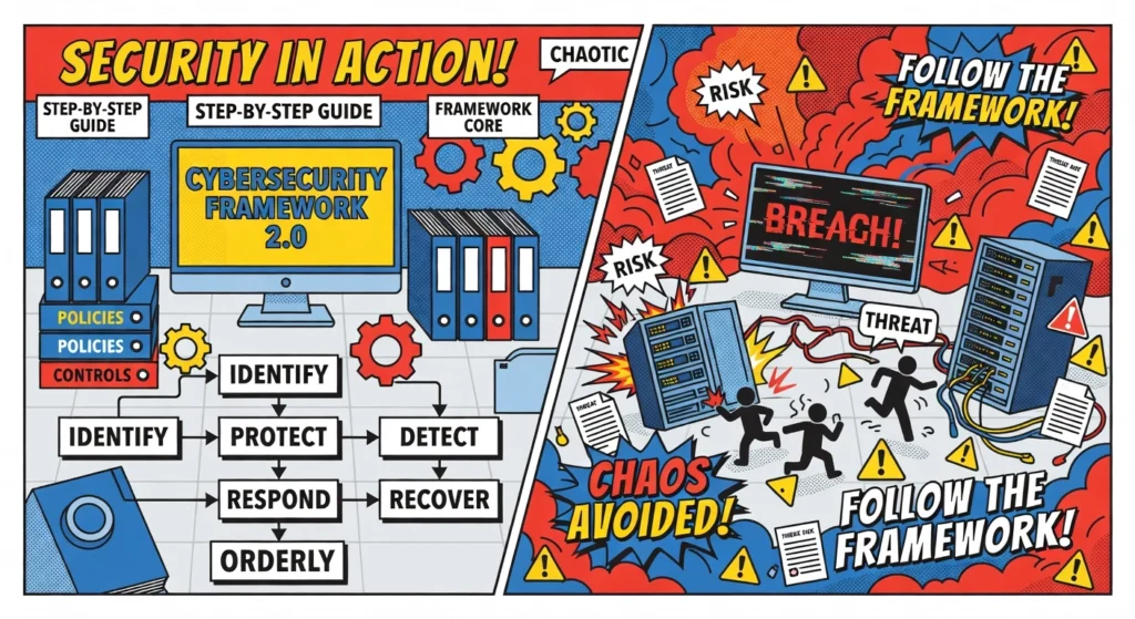 Professional header image for educational tutorial: Step-by-Step NIST Cybersecurity Framework 2.0 Tutorial