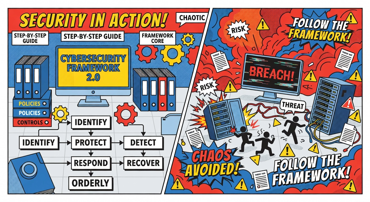 Professional header image for educational tutorial: Step-by-Step NIST Cybersecurity Framework 2.0 Tutorial