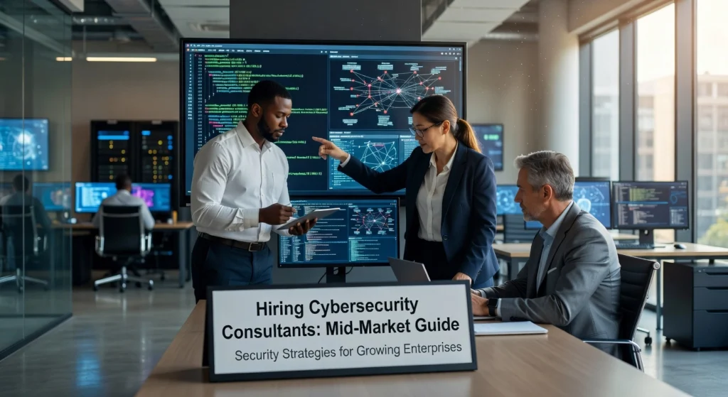 Professional header image for industry analysis: Hiring Cybersecurity Consultants: Mid-Market Guide